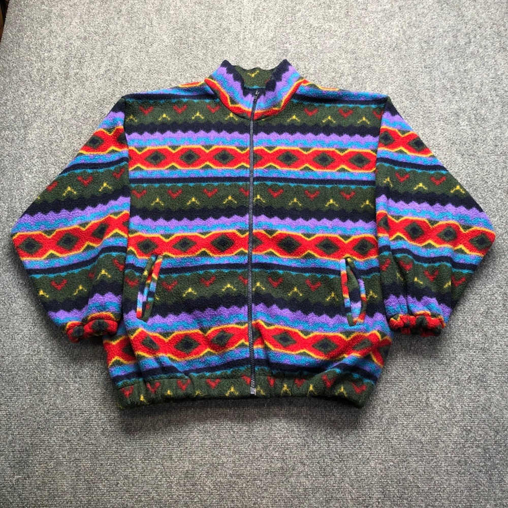 Winterset Vintage Mens Fleece Jacket Aztec Geometric Full Zip Multicolor Large